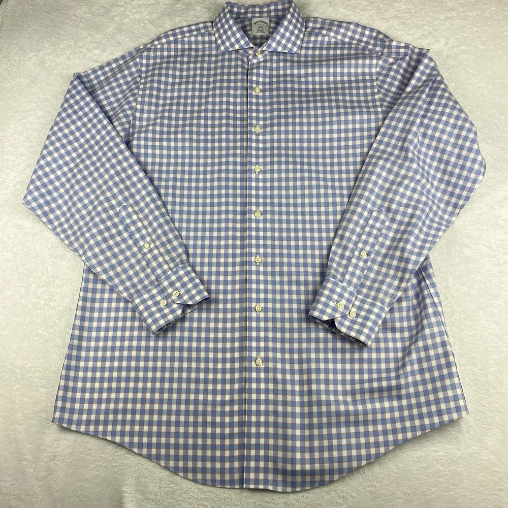 Brooks Brothers Dress Shirt Mens 17-6/7 Blue/White/Orange Checks Regent No Iron